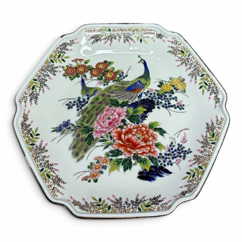 Vintage Japanese Hexagonal Porcelain Peacock Plate with Peonies & Gold Accents